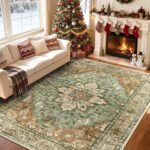 Area Rugs 8'x10' Washable Non-Slip, Floral Vintage Distress Print Pattern Medallion Carpet for Living Room Bedroom Dining Room, Brick Red Rust Neutral Brown Burnt Orange Green - Image 2