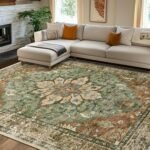 Area Rugs 8'x10' Washable Non-Slip, Floral Vintage Distress Print Pattern Medallion Carpet for Living Room Bedroom Dining Room, Brick Red Rust Neutral Brown Burnt Orange Green - Image 6